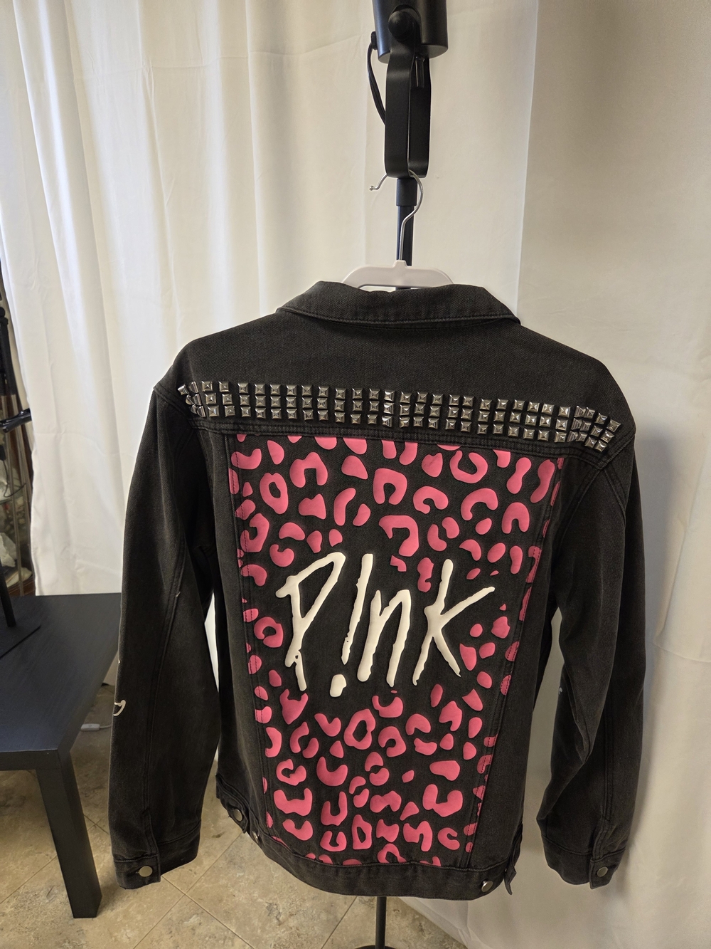 PINK Victoria's Secret Black Denim Jacket with Hot Pink Leopard Back